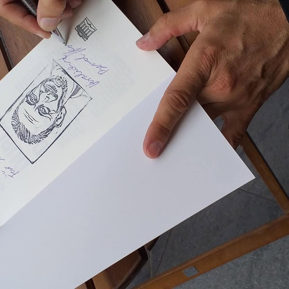 Der Porträtstempel von Bernd Hesse bei einer Signierstunde