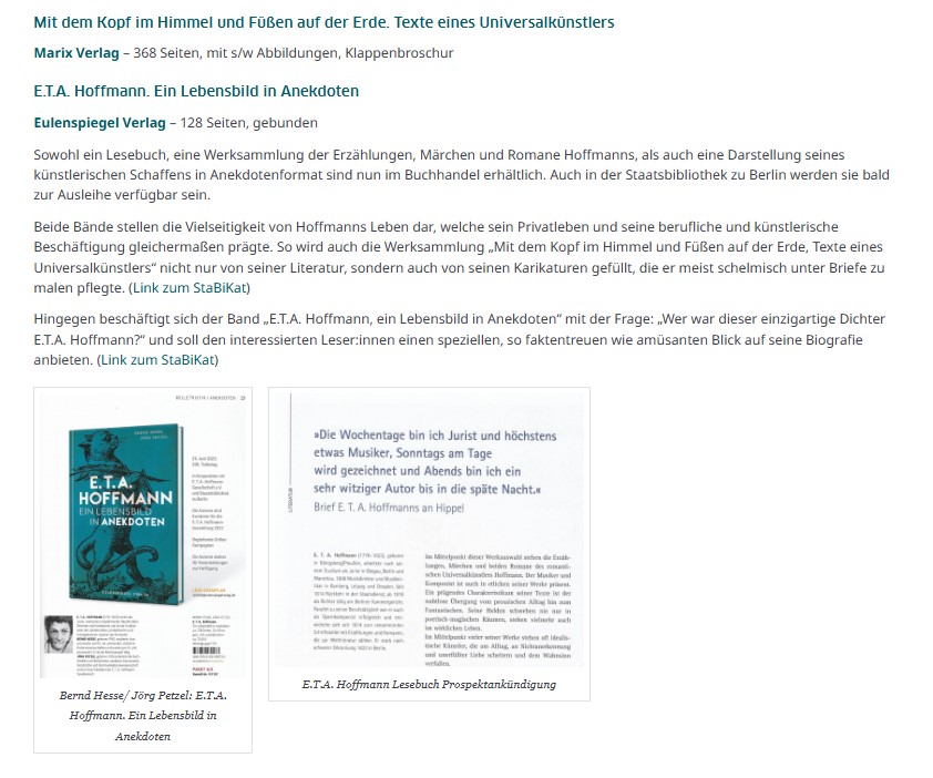 Mitteilung der Staatsbibliothek zum Anekdotenband