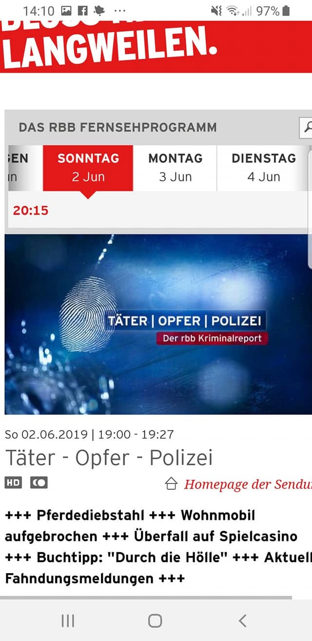Ankündigung der Sendung Täter Opfer Polizei