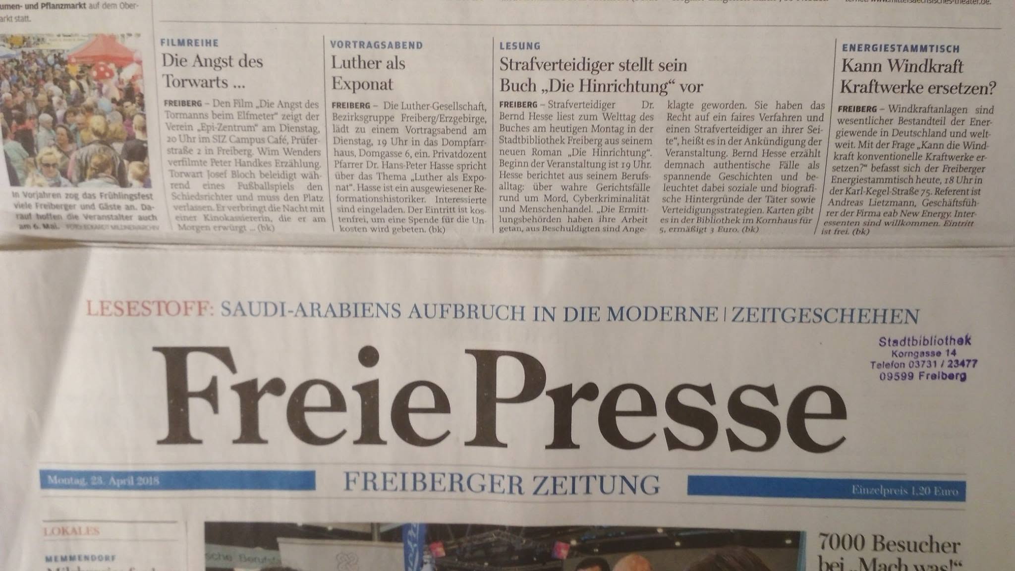 Ankündigung einer Lesung in Freiberg