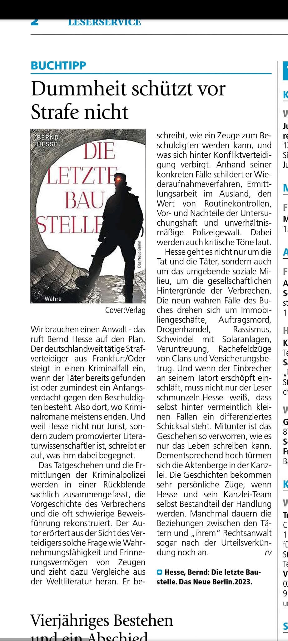 Buchtipp zu Die letzte Baustelle in der Märkischen Allgemeinen Zeitung