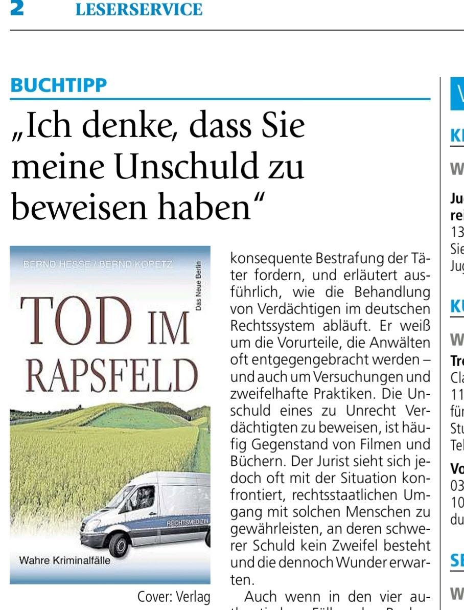 Buchtipp zu Tod im Rapsfeld in der Potsdamer Zeitung