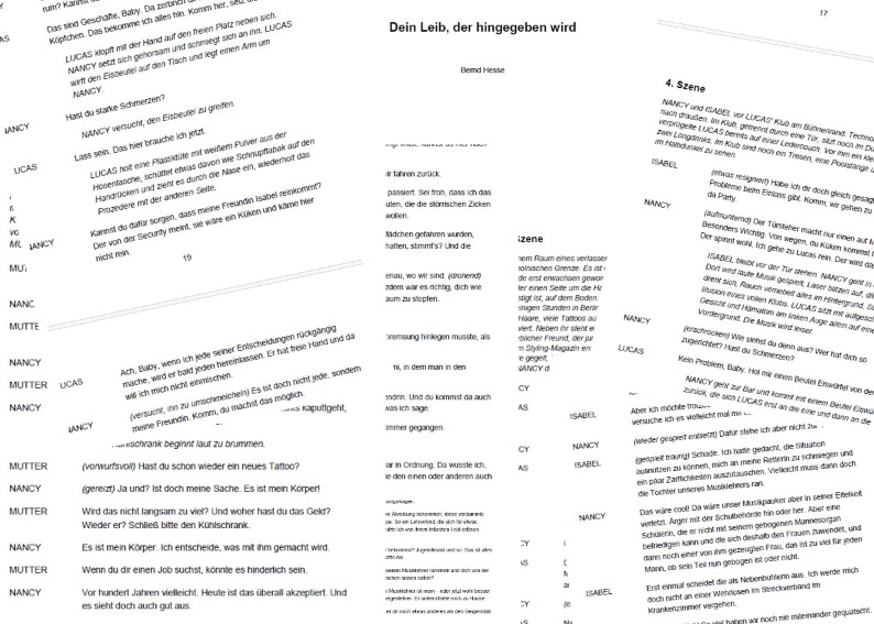 Collage aus Manuskriptseiten des Dramas Dein Leib, der hingegeben wird