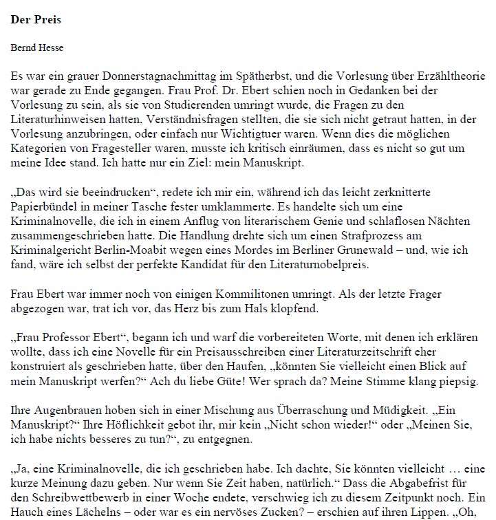 Erste Seite der Anekdote Der Preis von Bernd Hesse